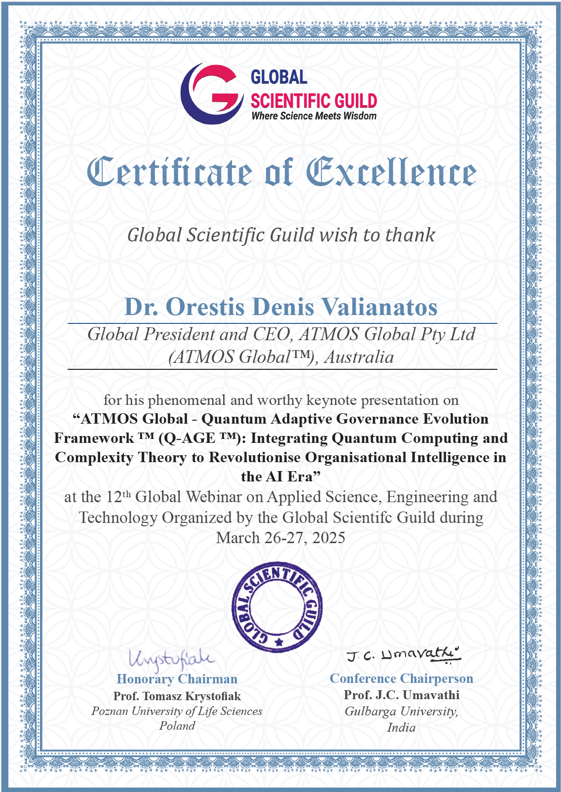 Certificate of Excellence - Quantum Adaptive Governance Evolution Framework (Q-AGE)